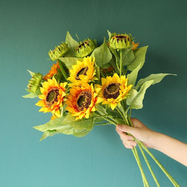 

3heads/branch sunflowers with green leaves home restaurant decoration silk artificial flowers flores