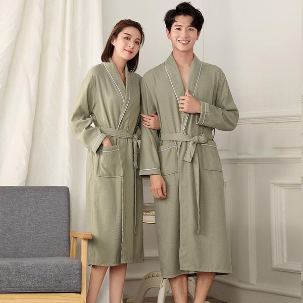 

100% cotton robe waffle long size bathrobes cotton layer warm couple nightgown water absorbent bathrobe, Black;red