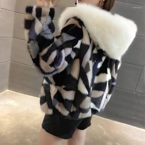 

women's fur & faux mink + hat strip haining short coat women 's hooded big collar, Black