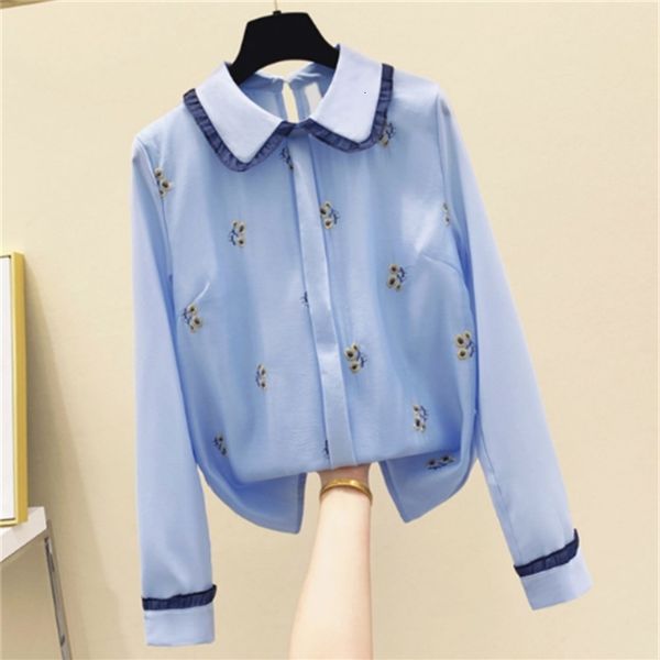 

embroidery floral female blouse 2021 autumn long sleek doll casual collar woman's shirt white pink 6dpd, Black