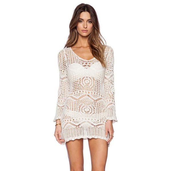 

women's swimwear bikini cover up knitted hollow beach dress mesh women swimsuit tunic boho kaftan beachwear, White;black
