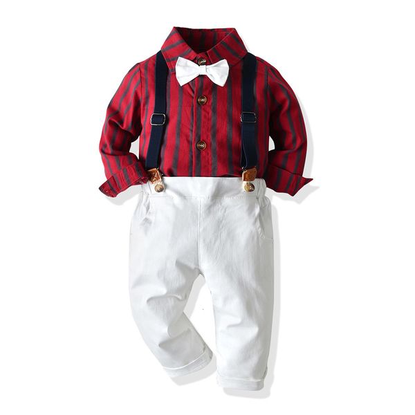 

children's wear autumn long sleeve striped shirt bow strap pants two piece set, Blue