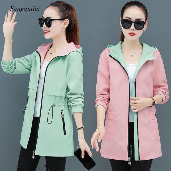 

women's trench coats women jacket spring autumn hooded coat casual windbreaker female double-sided wear zippers basic plus size ladies, Tan;black