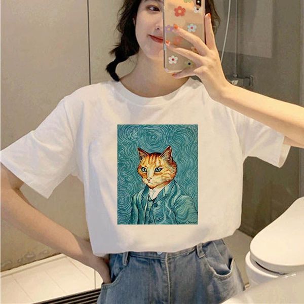 

women's t-shirt korean style for women cat oil paintings print tshirts casual tee harajuku 90s vintage white tshirt female clothing