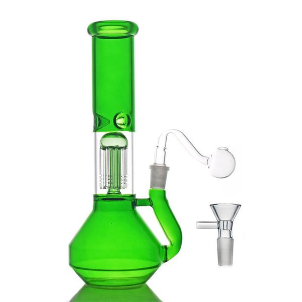 10,5-Zoll-Bongs mit grünem Becherglas und 6-Arm-Perc. Klassischer Waben-Recycler. Rauchende Wasserpfeifen mit Ölbrennerrohr aus Glas und Tabakkopf