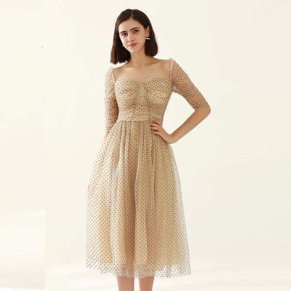 

runway designer spring summer fashion new women's polka dot print mesh gauze tube retro elegant party midi dress d5dj, Black;gray