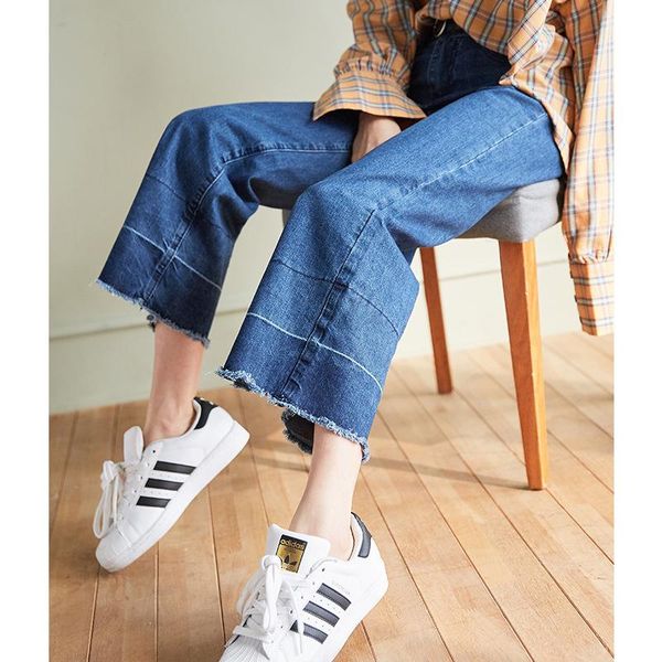 

women's jeans korean version loose high waist show thin burr pants 9-point wide leg spring wear, Blue