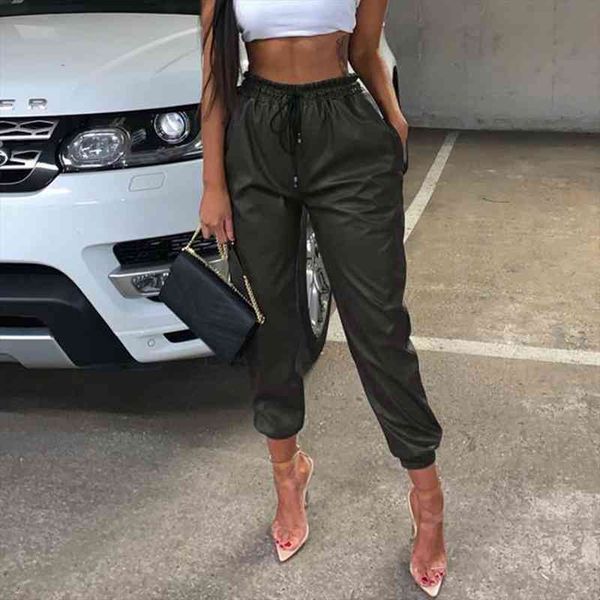 

high waist leather loose joggers women capri harem camo streetwear punk black cargo capris trousers, Black;white