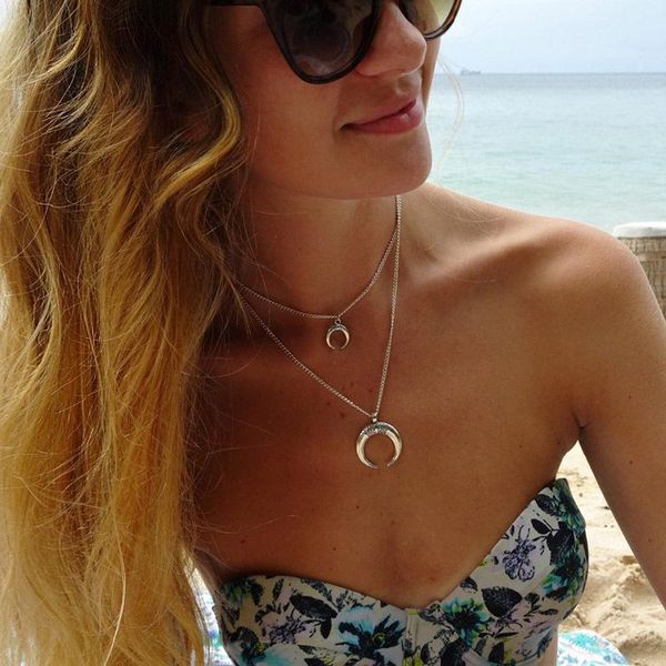 

chains amazon vintage multi-layer crescent pendant necklace alloy moon arc bohemian ornament, Silver