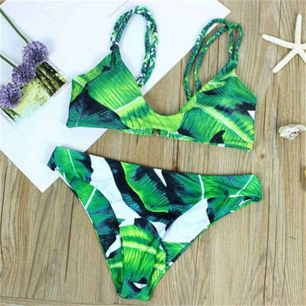 

print new fashion arrival bkini green flower weaving string lady swimsuit bra bikini set, White;black