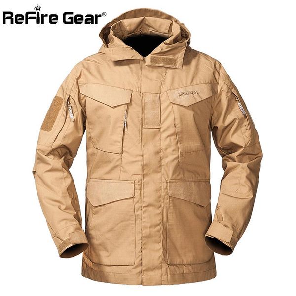 

men's jackets refire gear m-65 military tactical field jacket men autumn waterproof windbreaker md-long pockets flight hoodie army coat, Black;brown