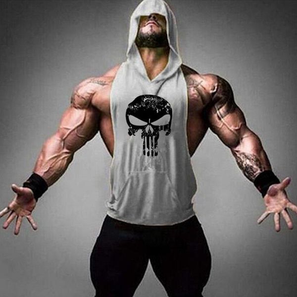 

men skull new vest fitness hooded vest gym print superman designer undershirt t-shirt muscle men sleeveless running wksis, Black