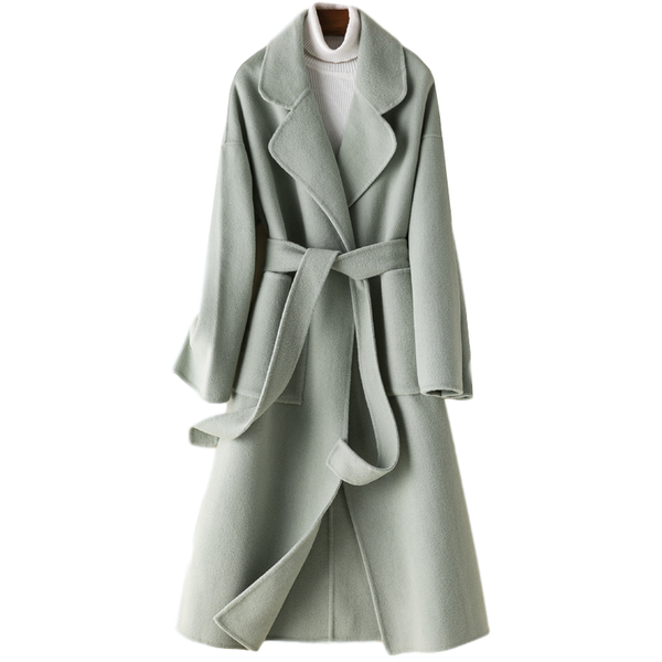 

women's wool & blends autumn winter women double-sided coat fashion long belt woolen outerwear high-quality slim overcoat ladies jacket, Black