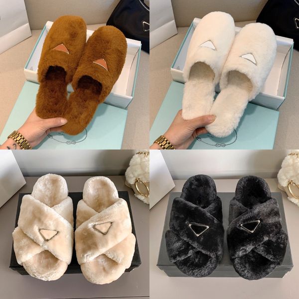 

designers wool slippers autumn winter warm women slide fluffy furry sandals luxurys comfortable letters fuzzy slipper box, Black
