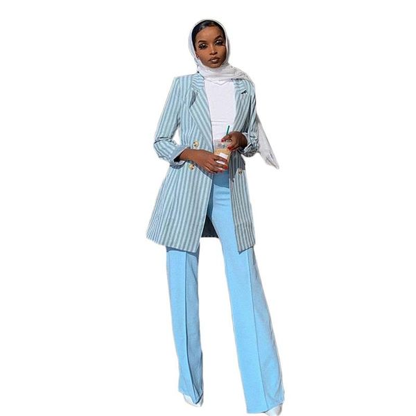 

women's two piece pants 2 pieces custom made women suits fashion light blue coat+pant formal double breasted party for, White
