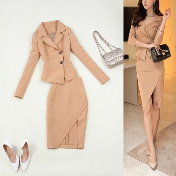 

fashion elegant large size women's 2021 spring and summer new slim beige tooling small bag hip front split skirt suit mv8d, White