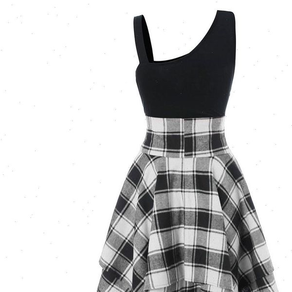 

fashion women sleeveless cold shoulder cross lace up plaid print irregular dress vestidos robe femme ropa mujer sukienk new, Black;gray