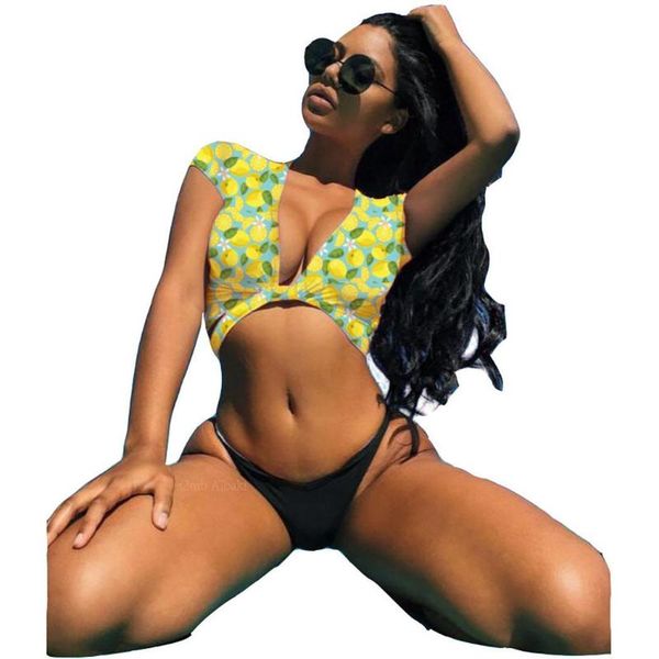 

women v-neck sleeveless print pullover summer bikini set briefs wire swimming pool, beach swimwear casual