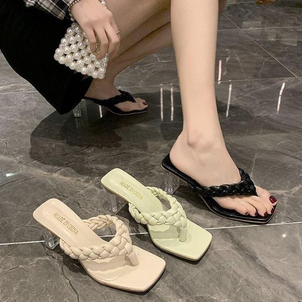 

slippers shoes casual transparent heel heeled mules slides rubber flip flops square slipers women luxury high summer hawaii, Black