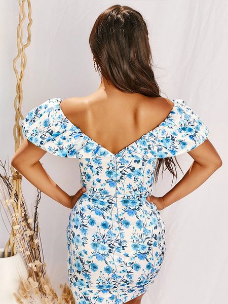

girls summer clothes ruffle collar off shoulder flowers printed fabric slim hip female short dress slno, Black;gray