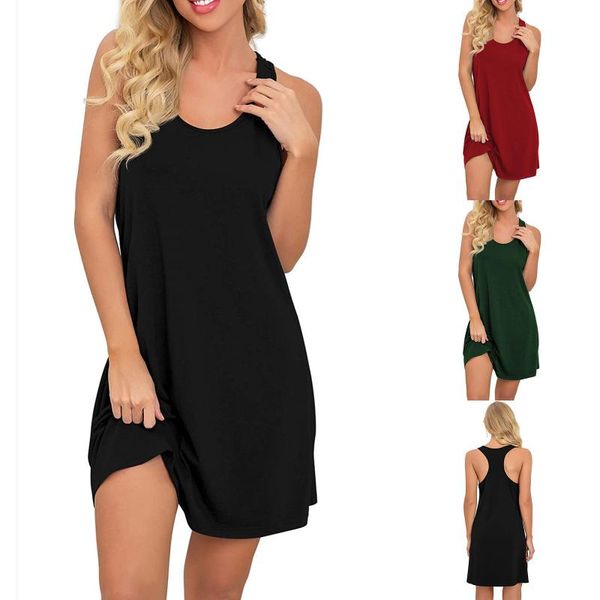 

casual dresses women summer dress solid color nightwear round neck nightdress sleeveless strap v-neck loose a-line pajamas femme, Black;gray