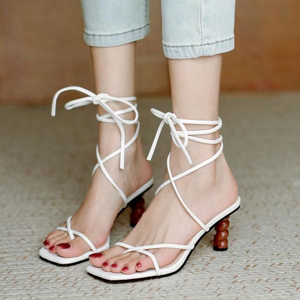 

sandals women clip toe narrow band thick high heels cross strap lace up white/green summer party dress shoes woman size 34-39, Black