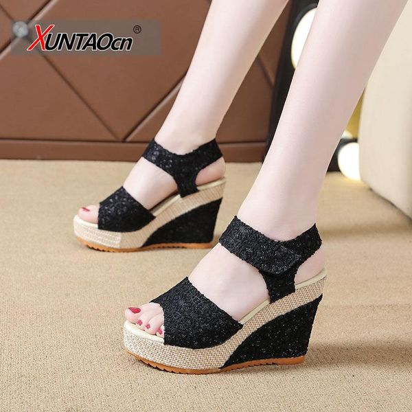 

dress shoes summer women's i-shaped buckle platform peep toe wedge sandals ladies elegant temperament high heels hook and loop, Black