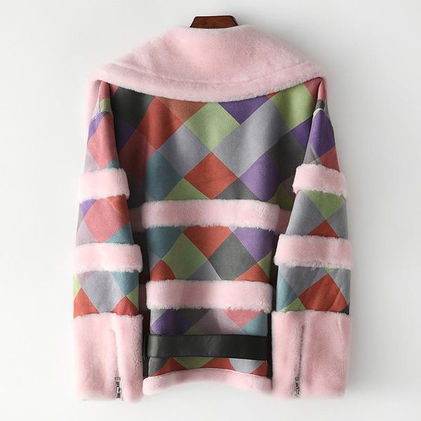 

women's fur & faux women luxury lamb jacket leopard splice mixed colors biker coat autumn winter zipper natural wool short overcoat, Black