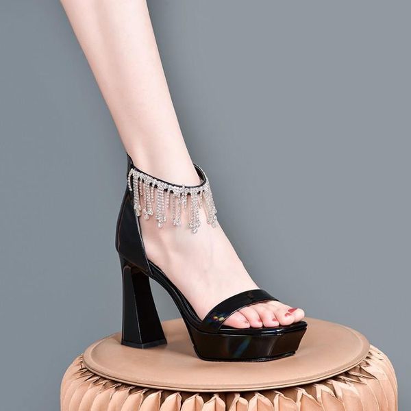 

sandals 2021 summer leather elegant rhinestone tassel thick high heel waterproof platform square sandal female, Black