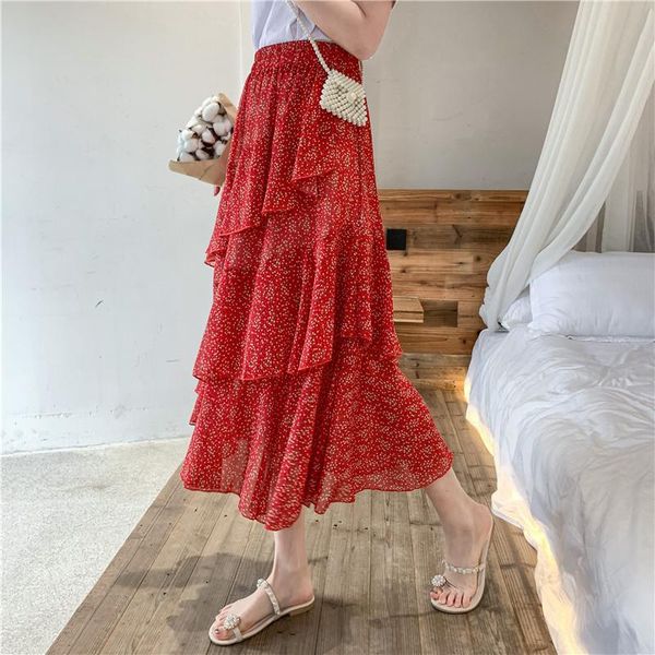

skirts women's summer fashion skirt easy-matching layering floral chiffon cake asymmetrical ball gown plus large size l-4xl, Black