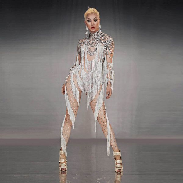 

women tassels 3d printed jumpsuit romper long sleeve one piece skinny outfit fringes dance costume female performance stage wear, Black;red