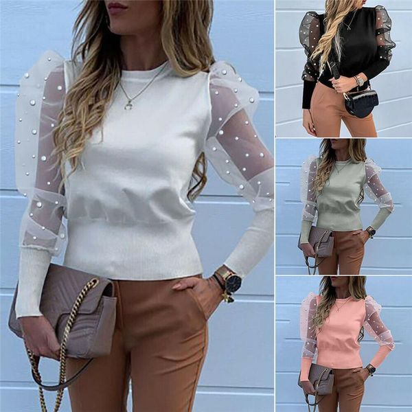 

modis women transparent puff sleeve blouse mesh pearl long sleeve pullover femme casual slim fitness female shirts blouse, White