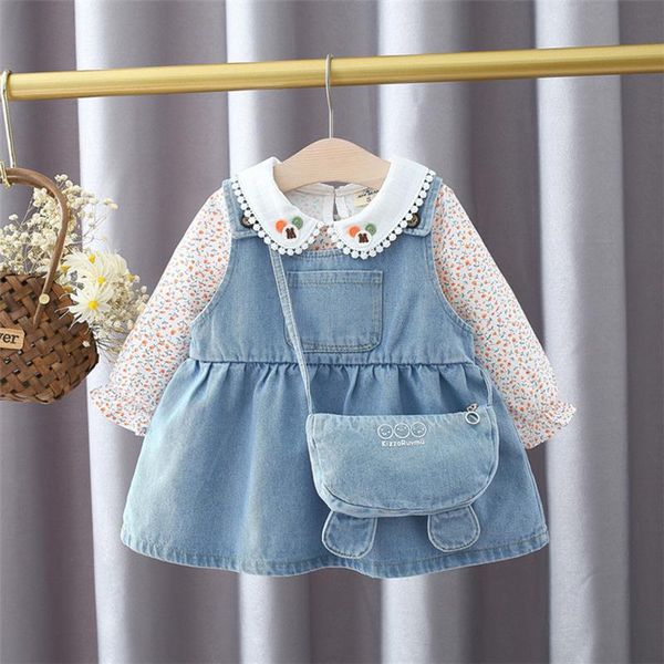 

spring newborn baby girl clothes outfit set floral t-shirt denim skirt suit costume for toddler girl baby clothing birthday sets, White