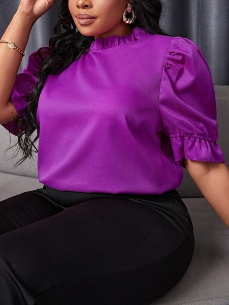 

plus frill neck puff sleeve blouse r4u2#, Black