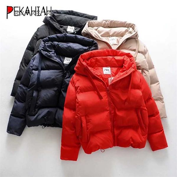 

za winter parka women hooded jacket fashion zipper warm thick parka casual red black winter coat female puffer overcoat 211108