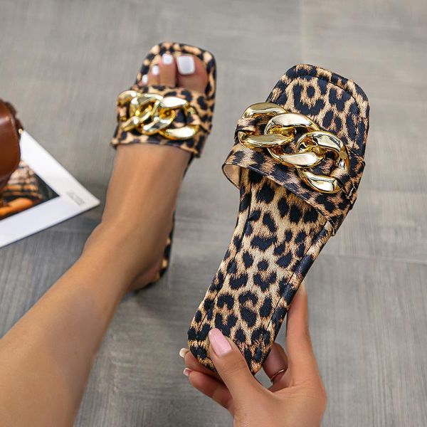 

sandals 2021 summer women chain decorate slippers flat leopard woman outdoor ladies beach female, Black