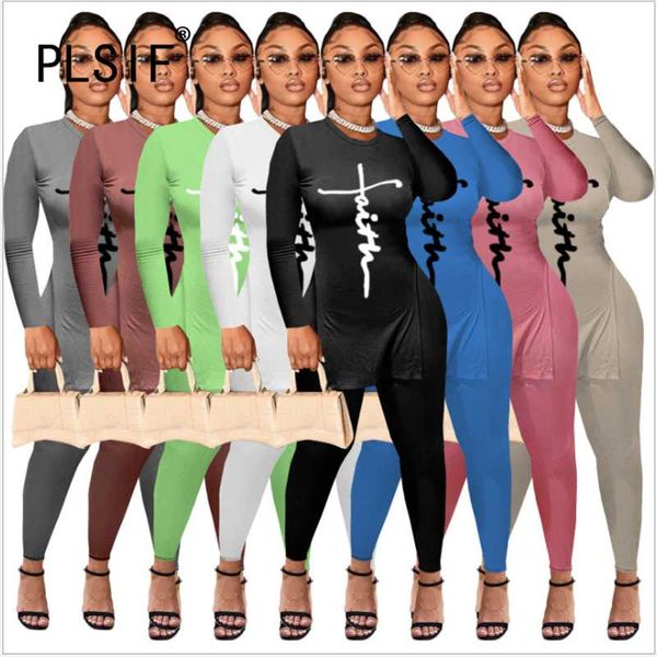 

women's two piece pants women printed long trousers suit street fashion sleeve round neck split elastic waist fall, White