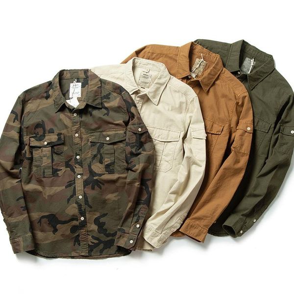 

men's casual shirts autumn american retro pure cotton oxford thin tooling shirt fashion military washed old multi pocket blouses, White;black