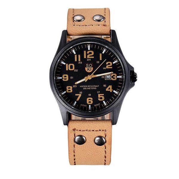 

wristwatches men automatic watch fashion style mens waterproof date leather strap sport quartz army reloj inteligente hombre, Slivery;brown