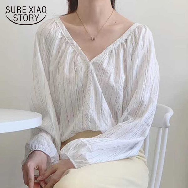 

autumn women long sleeve shirts v-neck casual striped shirt lantern sleeve thin blouse vintage women blusas 10517 210528, White