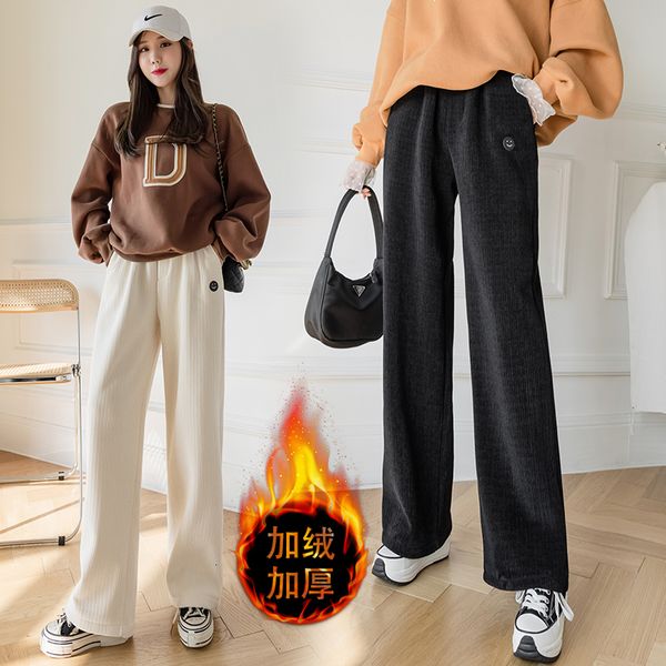 

female fashion long-legged 2021 fall and winter new high waist loose thin velvet pants 9zxs, Black;white