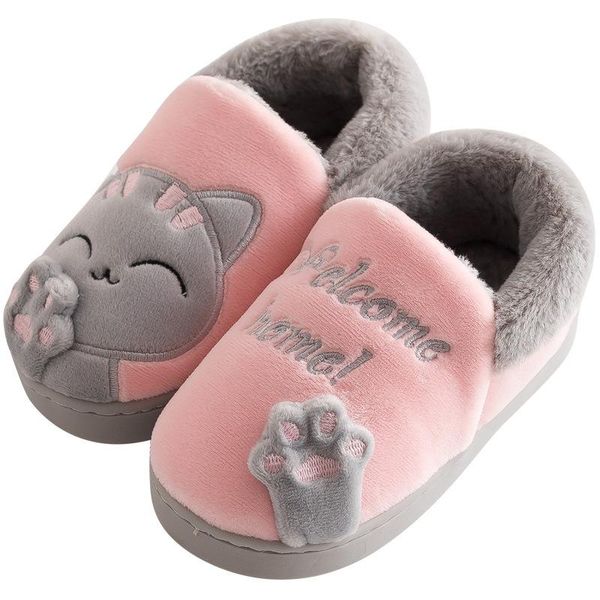 

slipper kids winter warm home slippers children anti-skid plush cat animal slip on soft indoor flats comfort for boy and girl 2021, Black;grey
