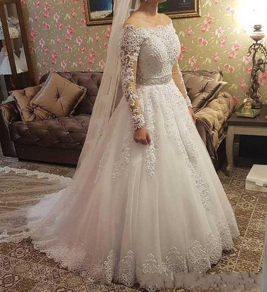 

luxury 2021 new off the shoulder arabic muslim long sleeve full beads wedding gowns bride es vestido de novia d2n9, White