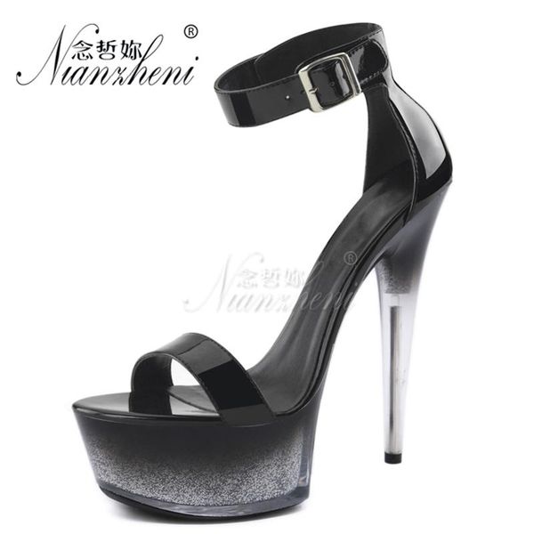 

sandals concise elegant buckle strap women's 15cm patent leather all match party fashion 6inches office lady work shoes open toe, Black