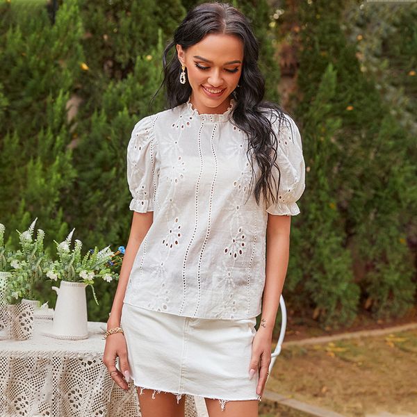

spring new hook flower hollow sweet women 2021 lantern sleeve o neck blouses ladies loose summer white pullover eiwn
