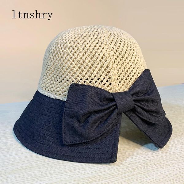 

wide brim hats 2021 summer women bow sun hat floppy outdoors beach panama straw dome bucket hollow out visor bonnet, Blue;gray