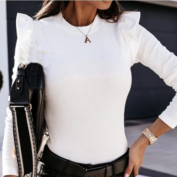 

women's t-shirt ladies fashion solid color long sleeve knit slim fit flying korean blusas elegantes, White