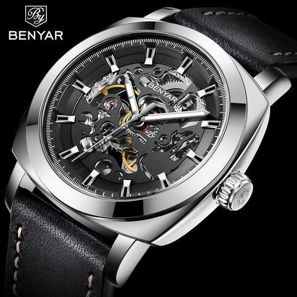 

new benyar men watches fire luxury automatic mechanical business military waterproof sports leather reloj hombre, Slivery;brown