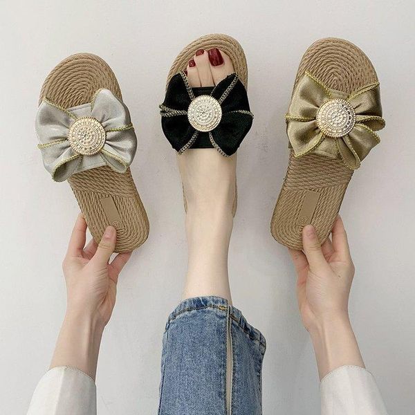 

slippers butterfly-knot shoes women summer pantofle luxury slides low 2021 designer flat silk pu rubber fashion f, Black