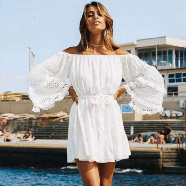 

new rayon slub big sleeve lace belt one neck beach skirt bikini blouse, White;black